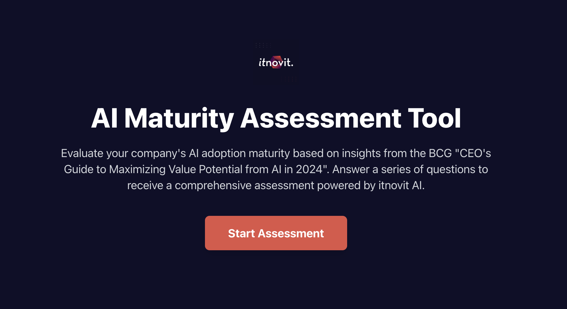 Screenshot of AI Maturity Assessment Tool showing interactive questionnaire with business readiness dimensions and scoring system