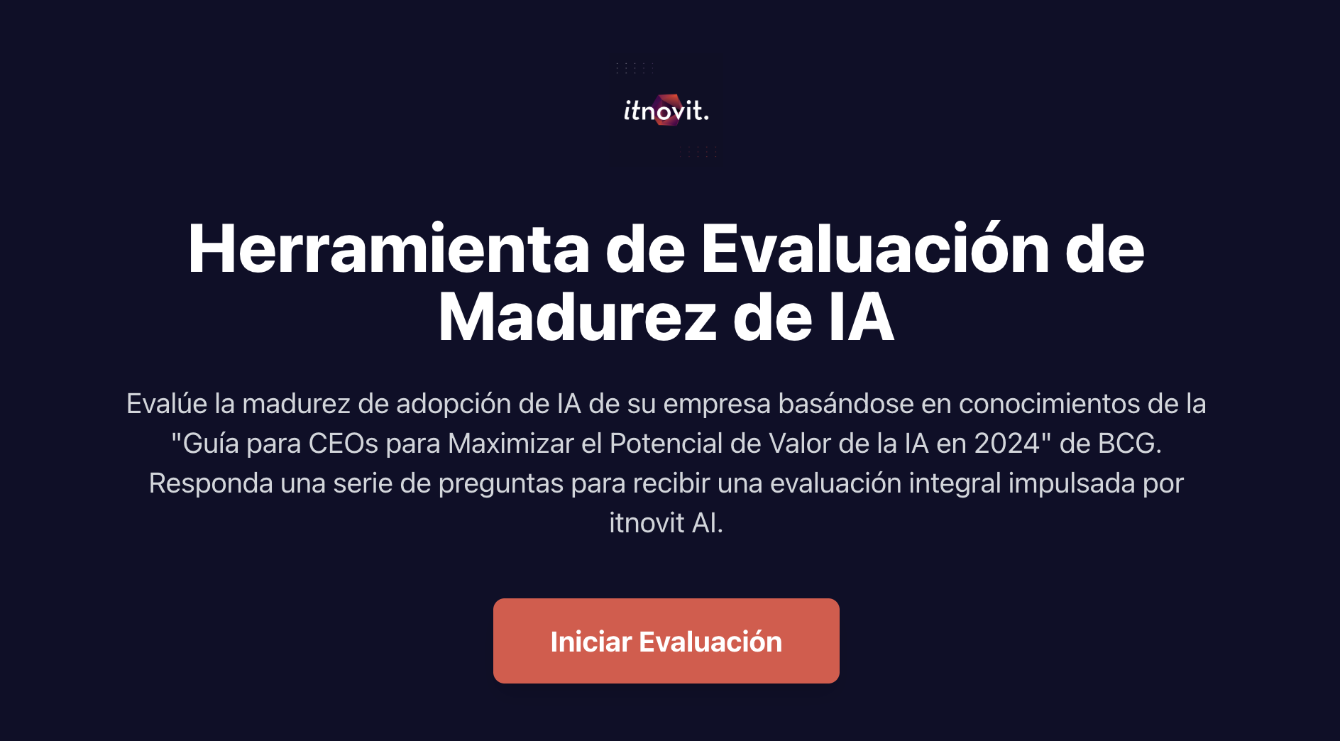 Captura de pantalla de la Herramienta de Evaluación de Madurez de IA mostrando cuestionario interactivo con dimensiones de preparación empresarial y sistema de puntuación